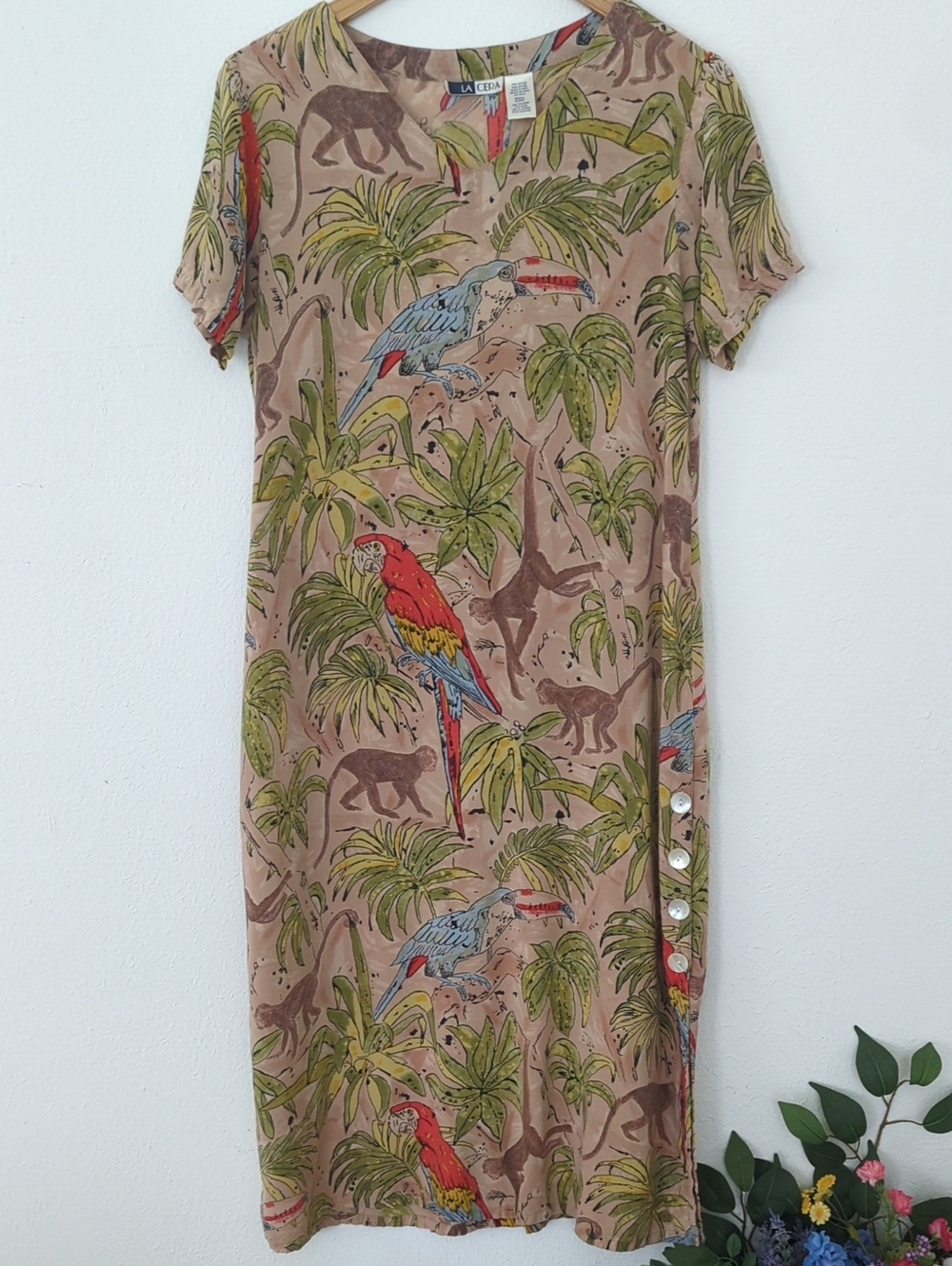 Vintage Tropical Print Rayon Midi Dress